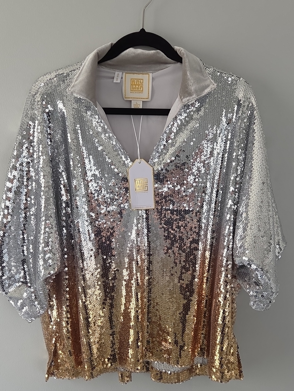 Sequined Ombre V-Neck Pullover Top by Emily Mccarthy - Silver to Gold